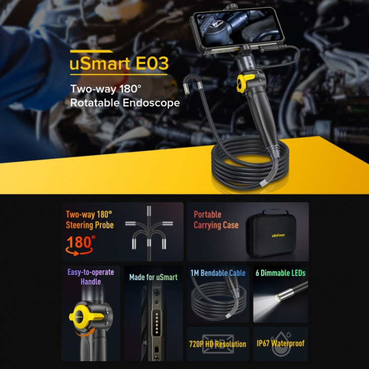 Ulefone uSmart E03. Endoscopio giratorio IP67 a prueba de agua para Armor 24 / 21 / 19 / 18T / 18T Ultra (Negro)
