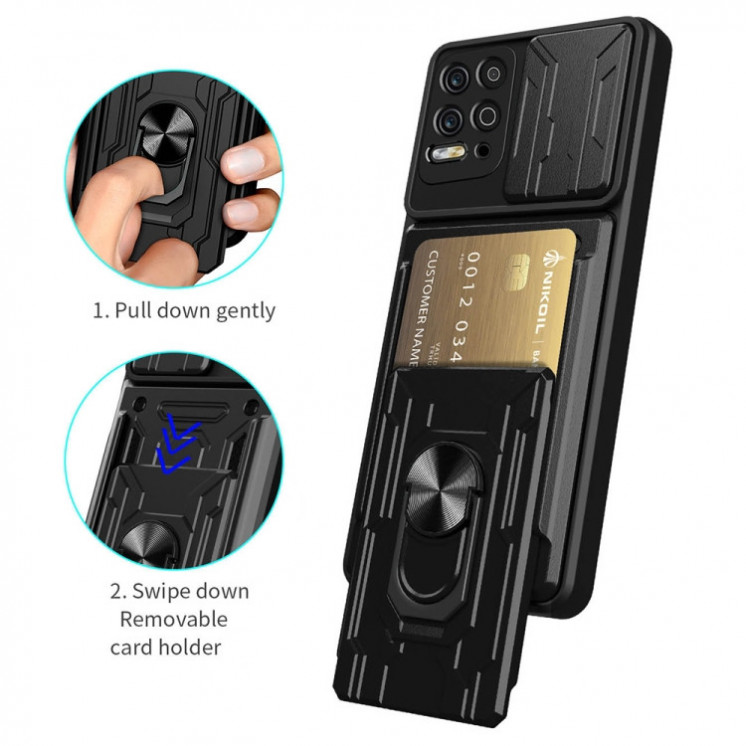 Motorola G100. Funda camshield con anillo y porta tarjeta.