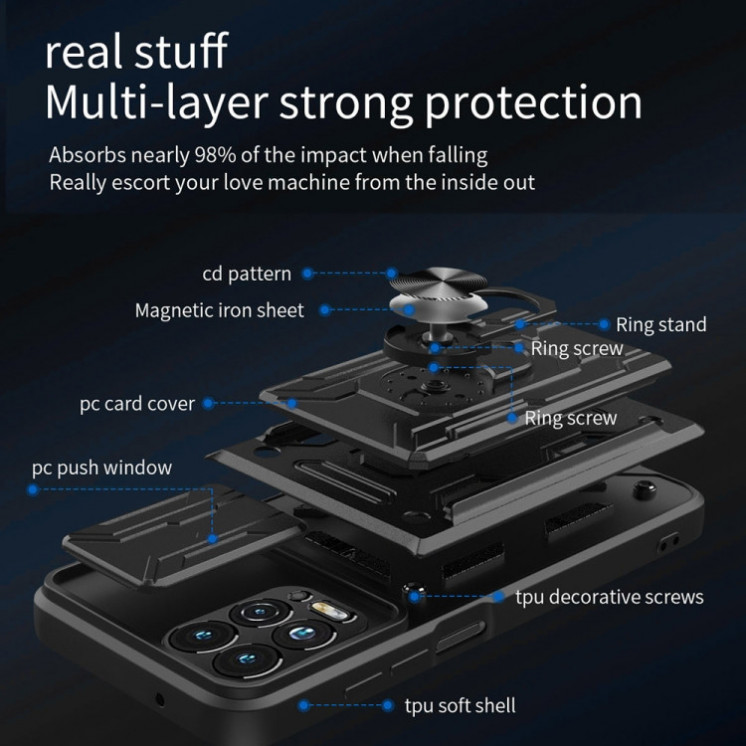Motorola G100. Funda camshield con anillo y porta tarjeta.