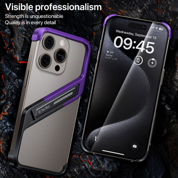 IPhone 16 Pro Max. Funda S metálica sin marcos con stand (negro/púrpura)