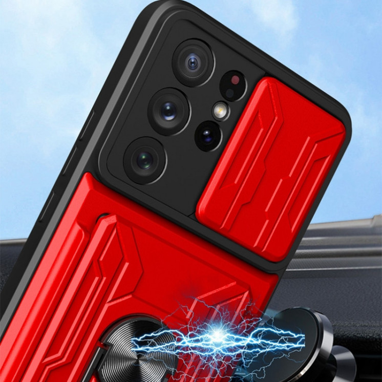 Samsung S21 Ultra 5G. Funda Camshield con anillo y porta tarjeta
