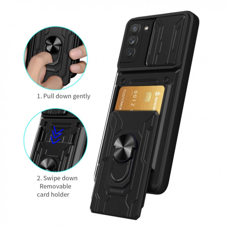 Samsung S21 FE 5G. Funda camshield con anillo + porta tarjeta
