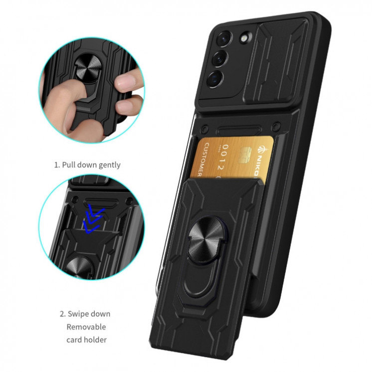 Samsung S21 Plus 5G. Funda Camshield con anillo y porta tarjeta