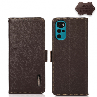 Motorola G22/E32. Funda KHAZNEH flip de cuero con protección RFID (marrón)