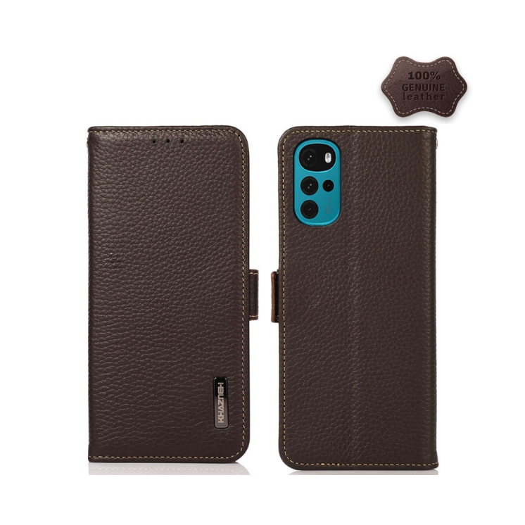 Motorola G22/E32. Funda KHAZNEH flip de cuero con protección RFID (marrón)