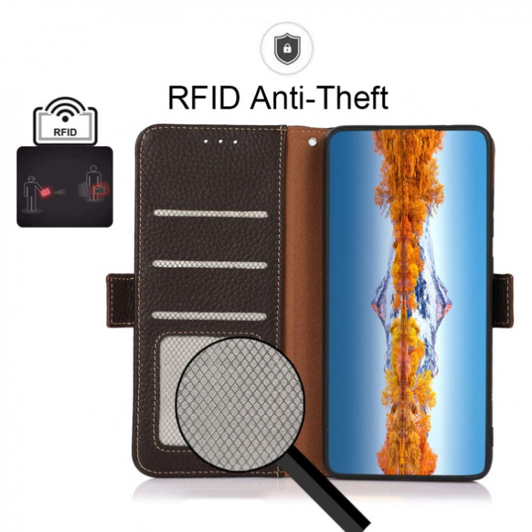 Motorola G22/E32. Funda KHAZNEH flip de cuero con protección RFID (marrón)